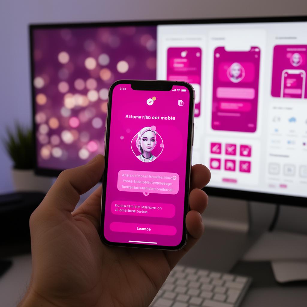 Hand holding a smartphone showing an AI-powered mobile app with design mockups in the background