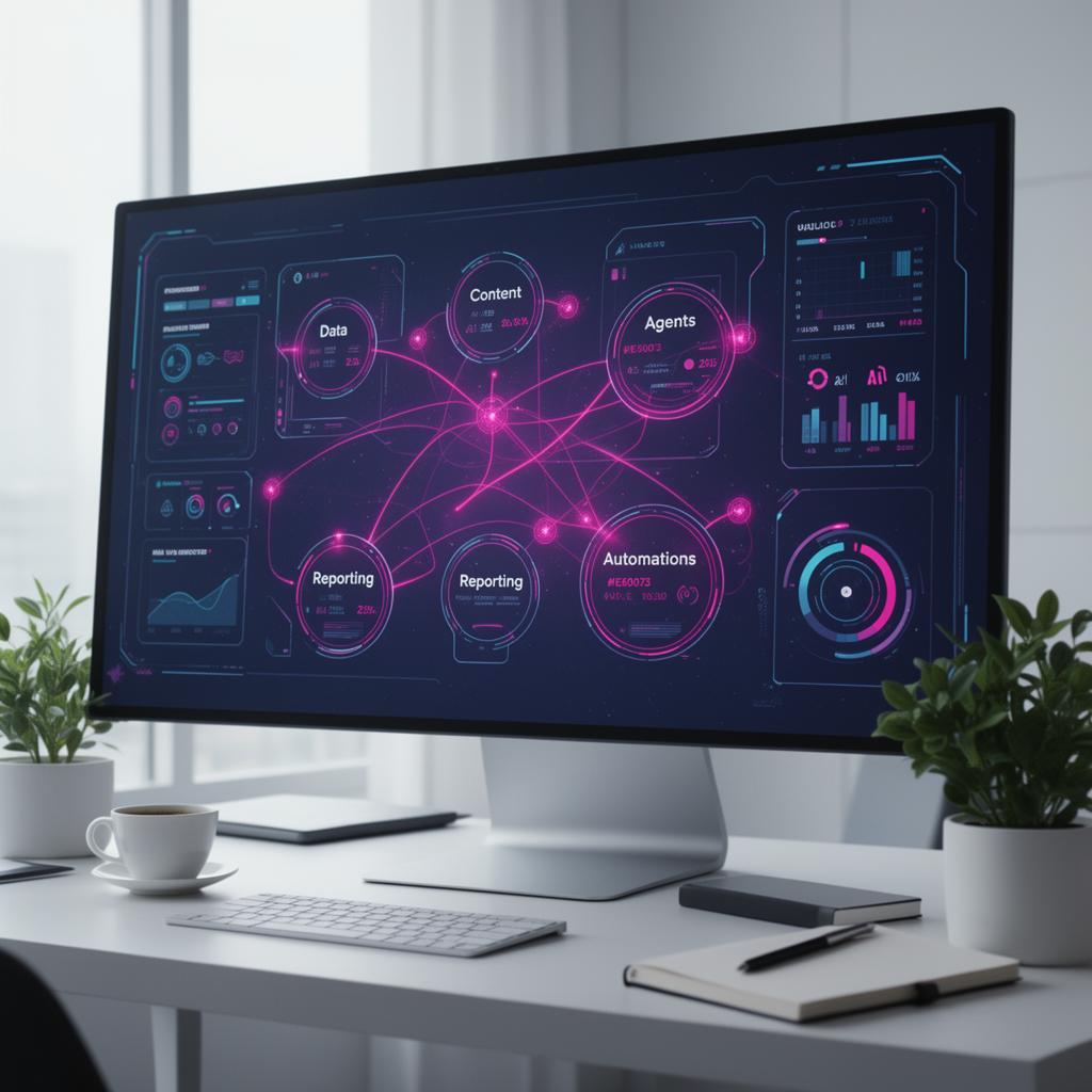 AI Operating System control panel showing connected modules — data, content, agents, automations and reporting
