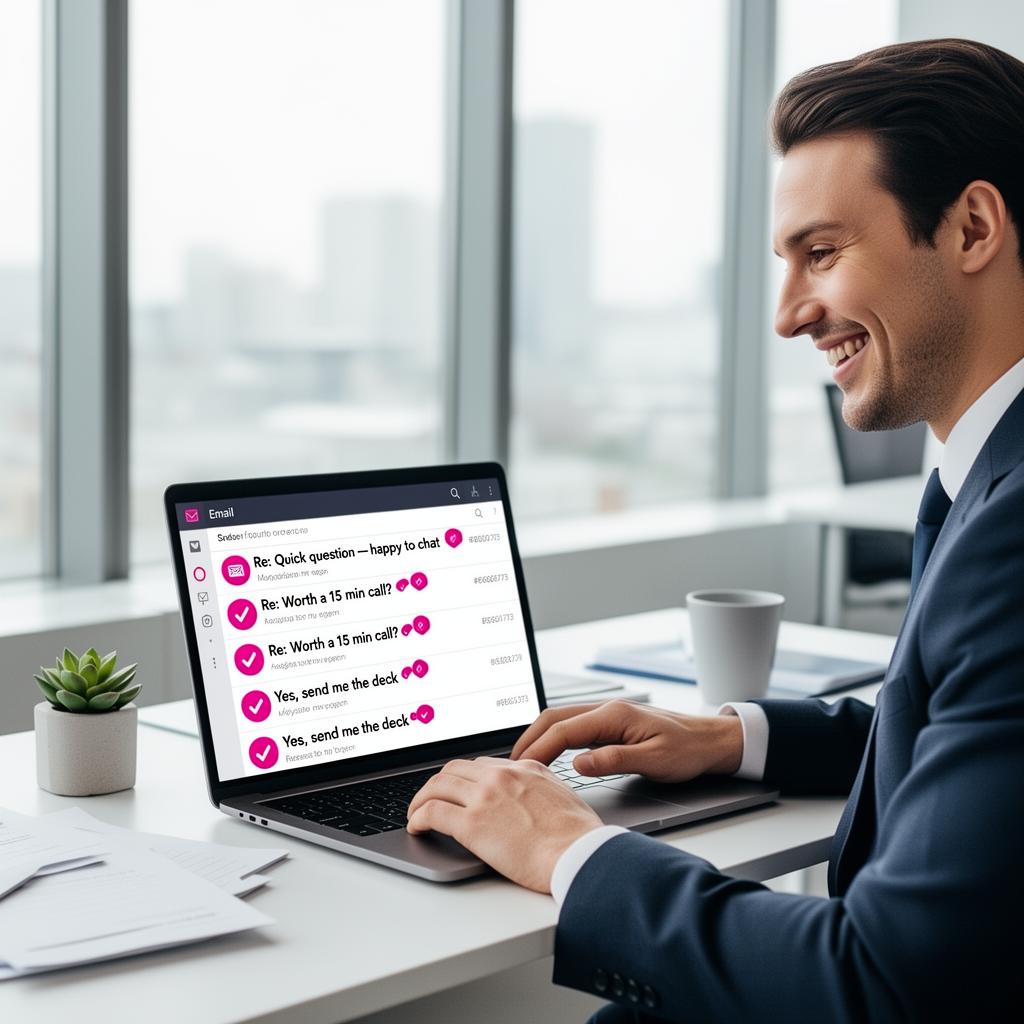 Creative Marketing Group AI B2B Outreach — UK sales leader reviewing positive replies generated by AutoEmails-powered cold email campaigns