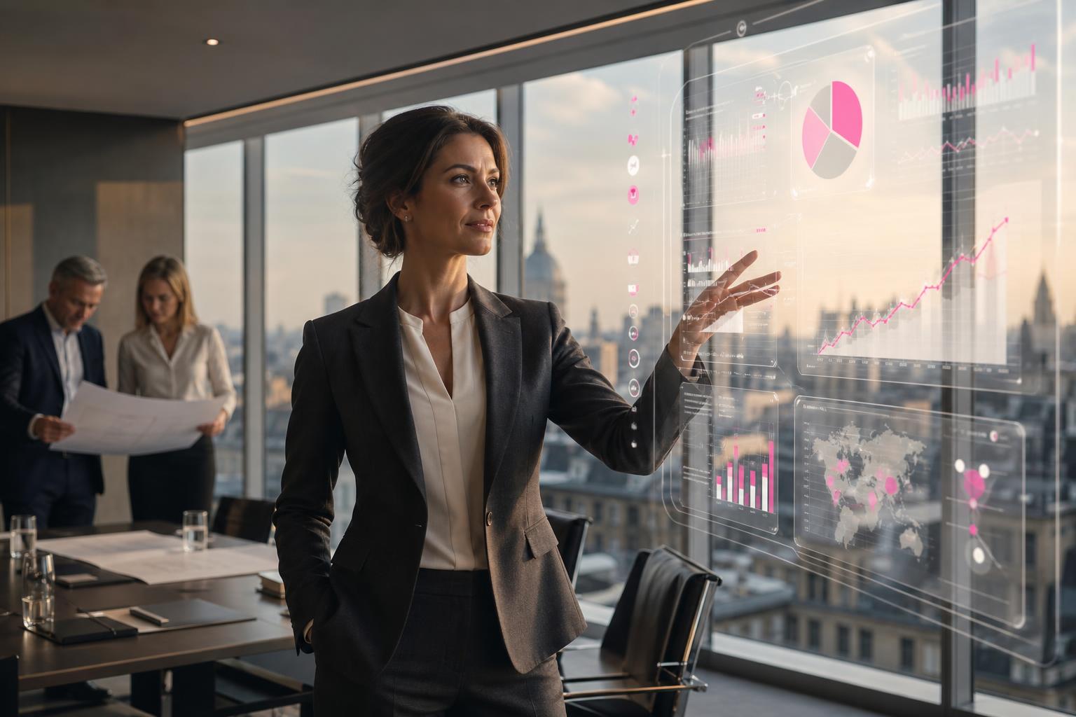 Creative Marketing Group AI CMO — UK marketing director reviewing an AI-generated growth strategy on a holographic dashboard above the London skyline