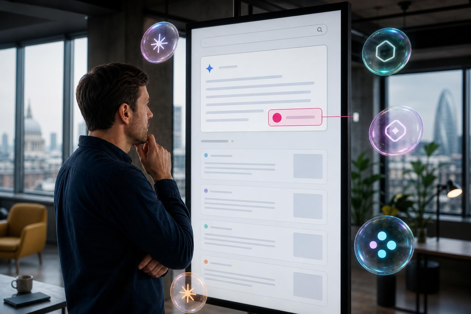 Creative Marketing Group AI GEO — UK marketer reviewing a Google AI Overview answer with a magenta citation badge pointing to a British company as the cited source, with floating glass orbs representing generative AI search engines in a London co-working studio