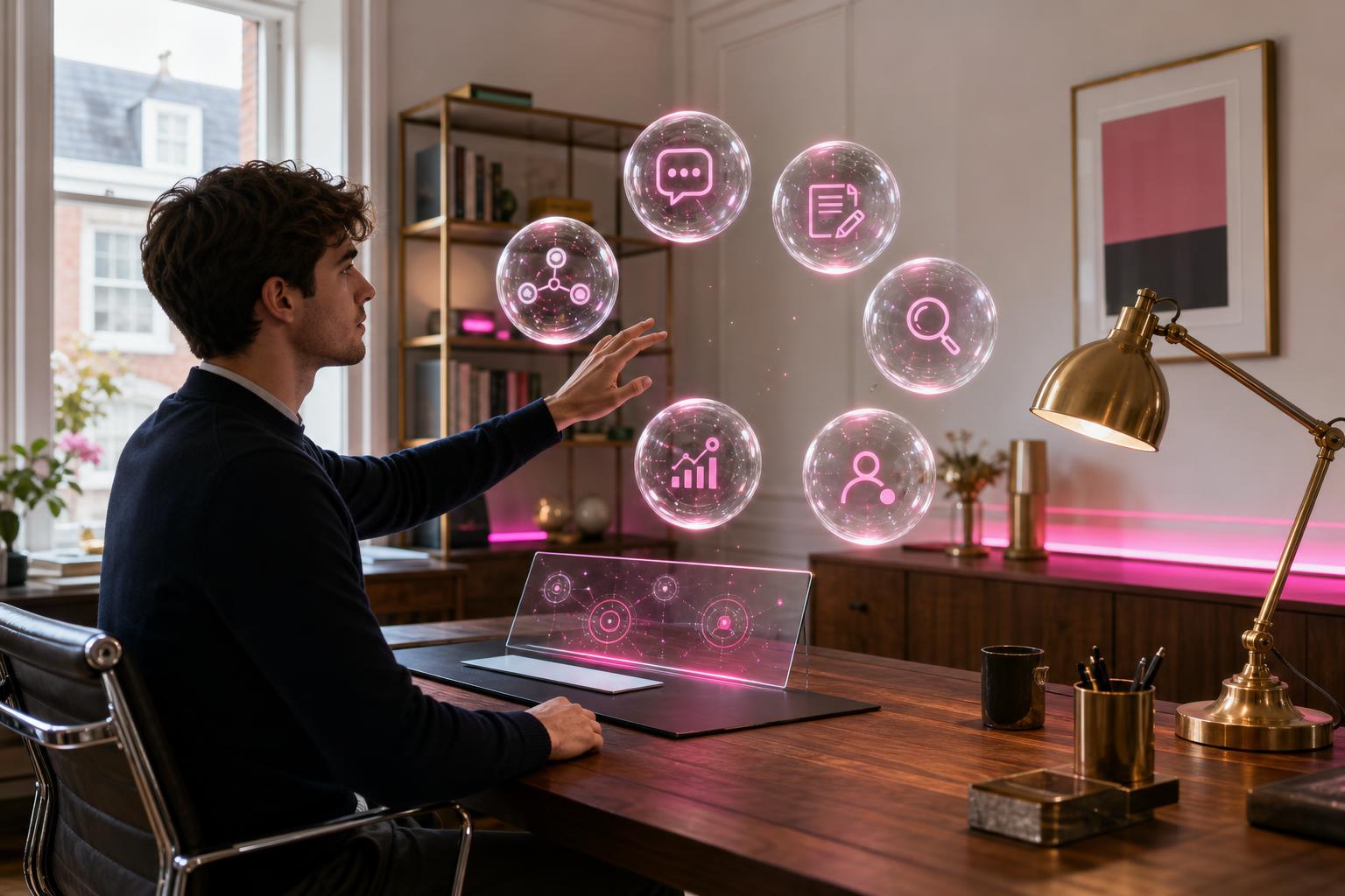 Creative Marketing Group AI Marketing Agents — UK marketer configuring six bespoke AI agents (chat, content, distribution, search, analytics, CRM) in a London studio
