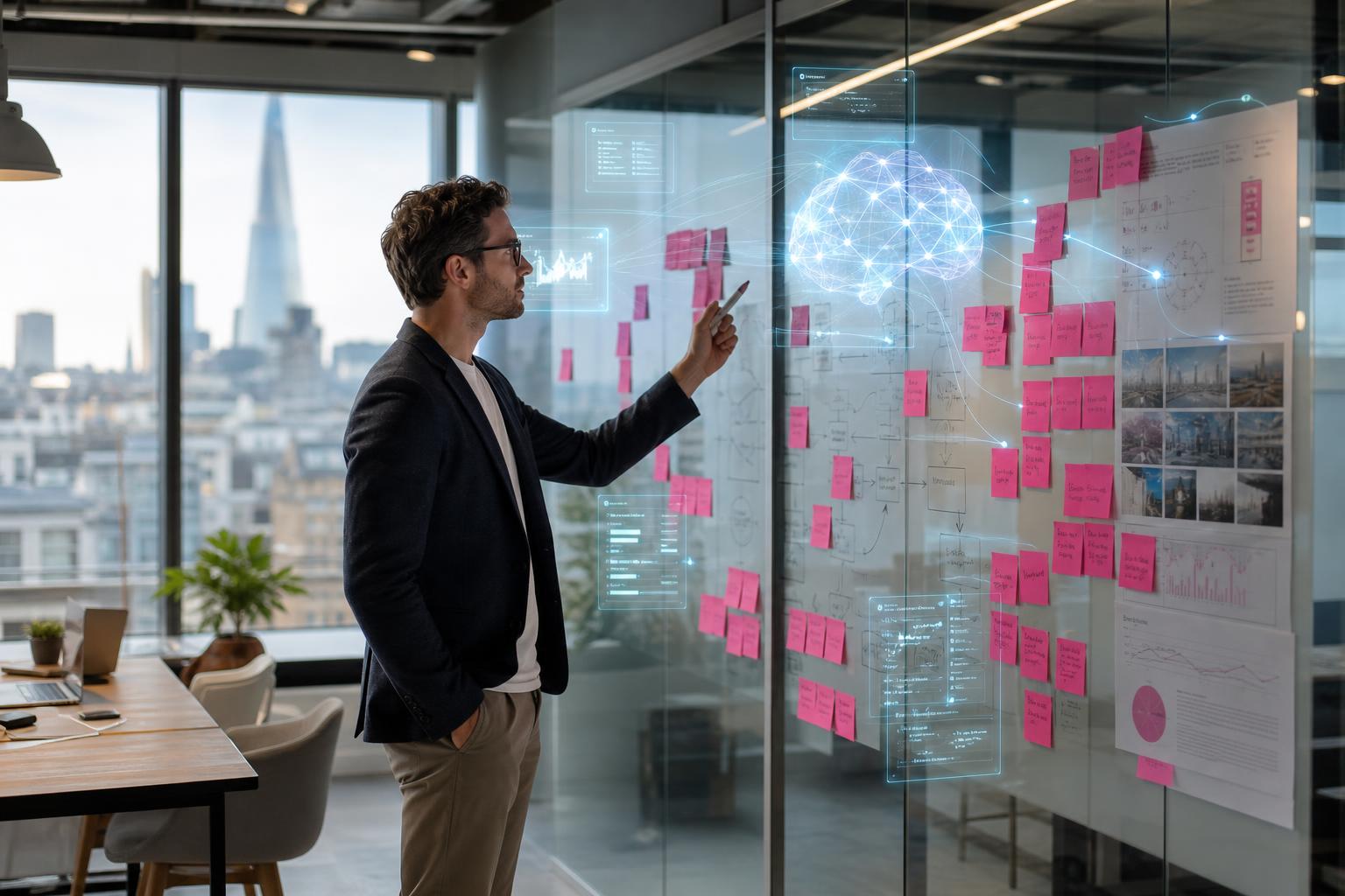 Creative Marketing Group AI Marketing Strategy — UK strategist mapping a 90-day AI-powered growth plan on a glass strategy wall in a London office