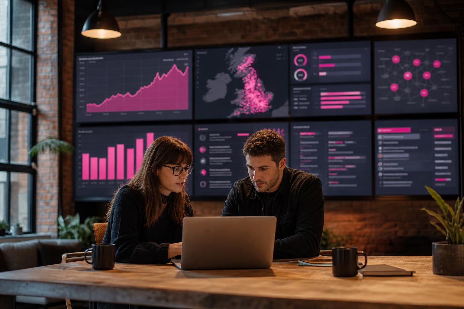 Creative Marketing Group AI SEO — UK SEO command centre with a wall of dashboards showing rising organic rankings, a UK keyword cluster map and AI-driven content briefs, with two British SEO specialists collaborating in a Manchester loft office