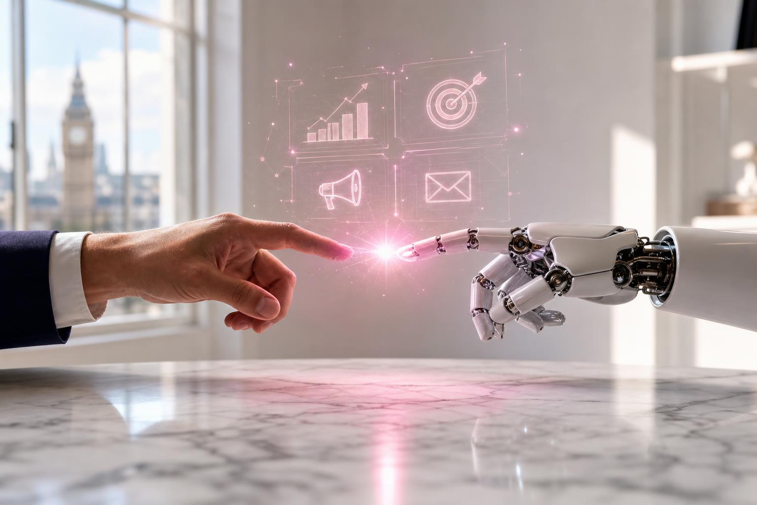 Creative Marketing Group AI vs human marketing — a UK marketer's hand and a robotic AI hand meeting above a marble desk in a London studio with marketing icons hovering between them