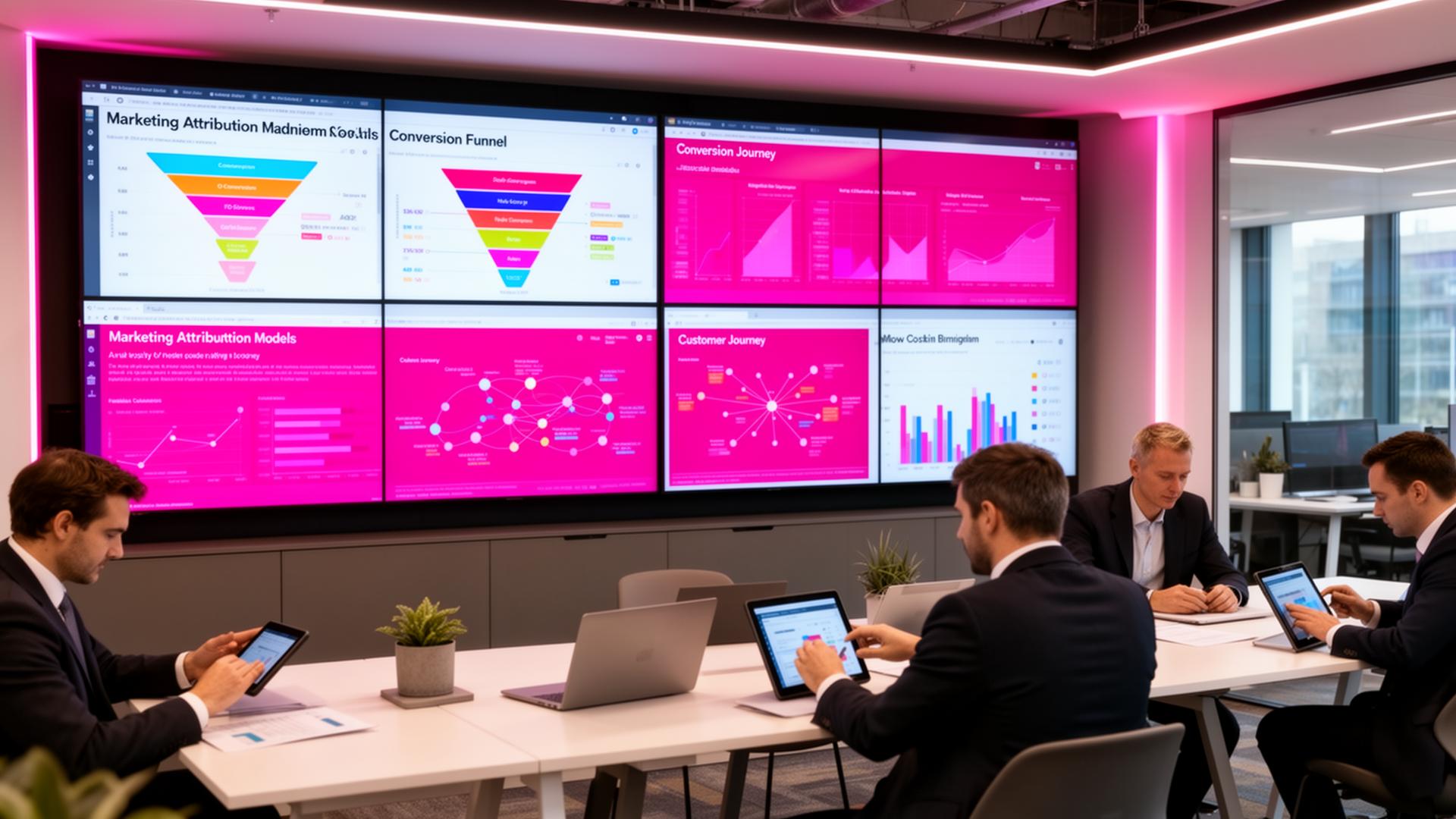 Creative Marketing Group Data Tracking — Analytics war room with attribution models and conversion funnels, UK
