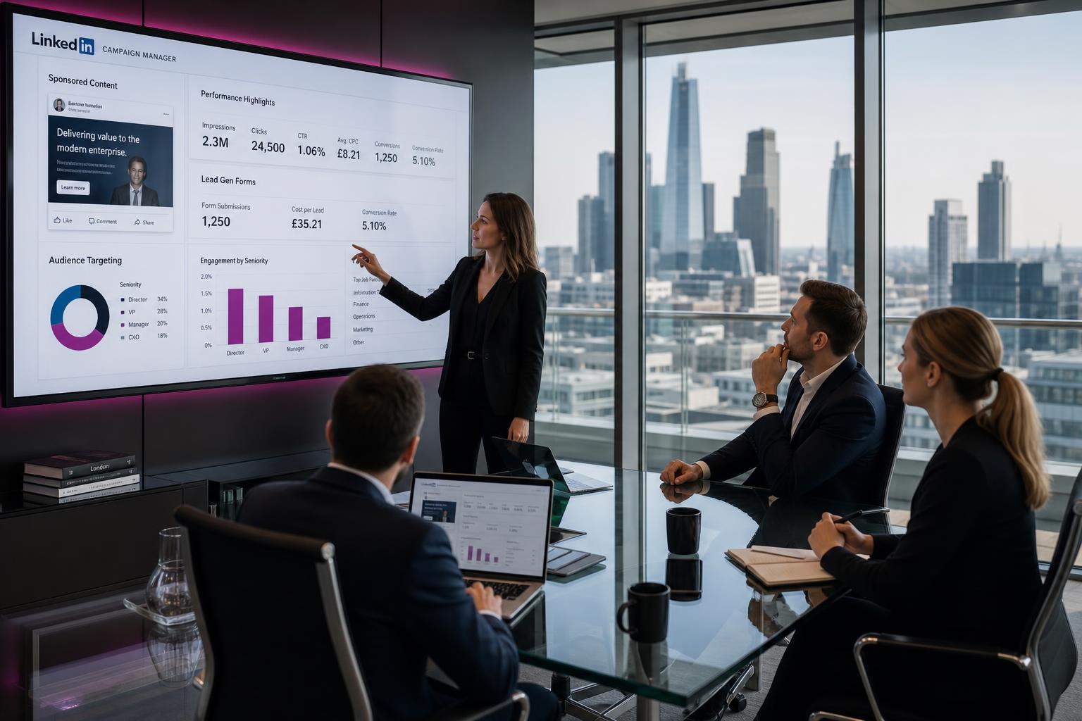 Creative Marketing Group LinkedIn Ads Management — B2B marketing team reviewing professional audience campaigns, UK agency