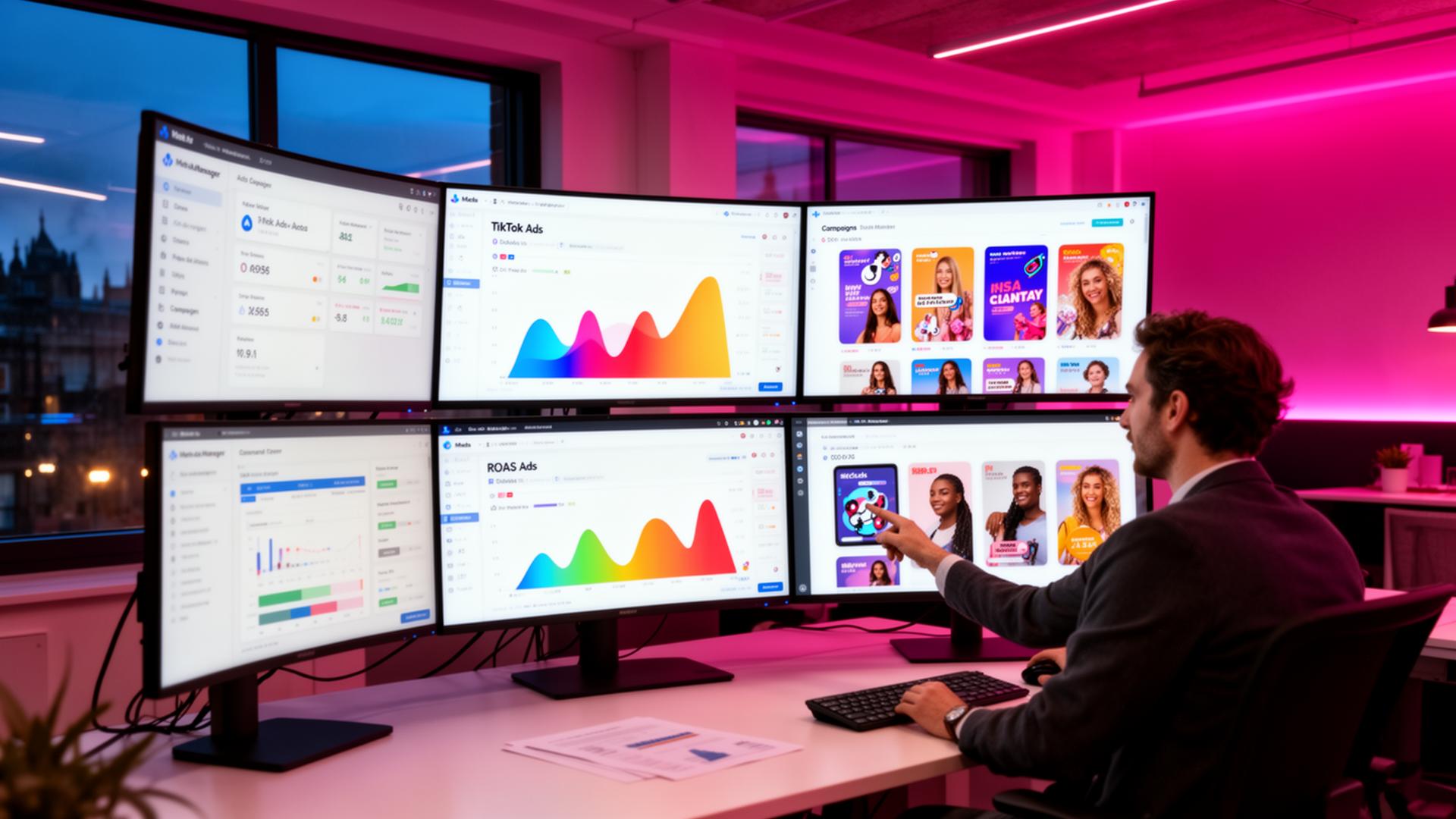 Creative Marketing Group Paid Social Advertising — Performance marketing command centre with campaign dashboards, UK