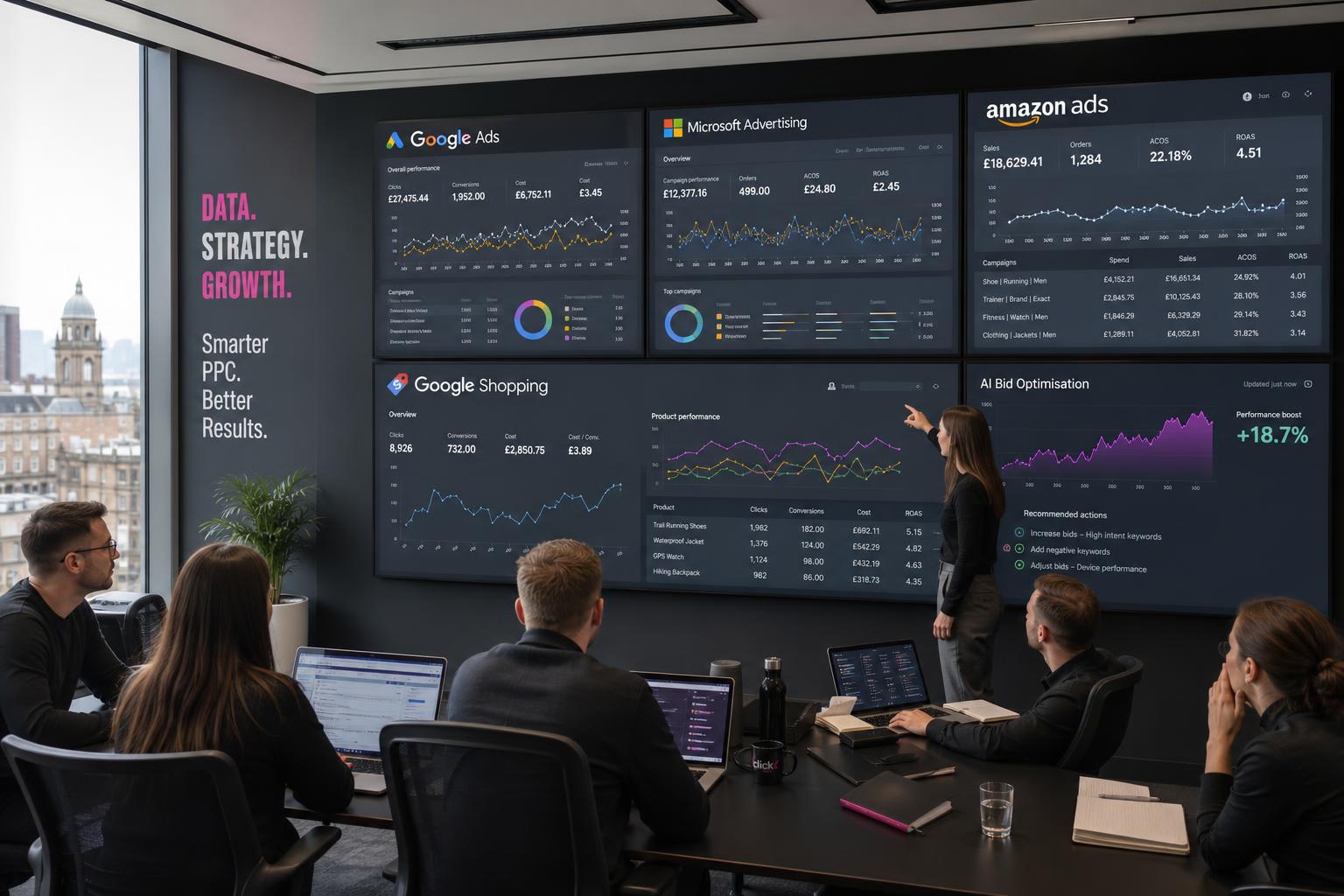 Creative Marketing Group UK PPC Agency — Multi-platform paid search management war room with campaign dashboards, UK agency