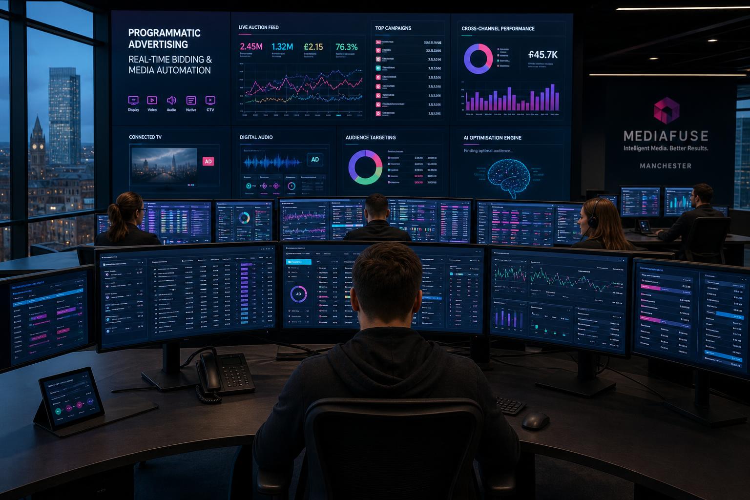 Creative Marketing Group Programmatic Advertising — AI-driven automated media buying trading desk with real-time bidding dashboards, UK