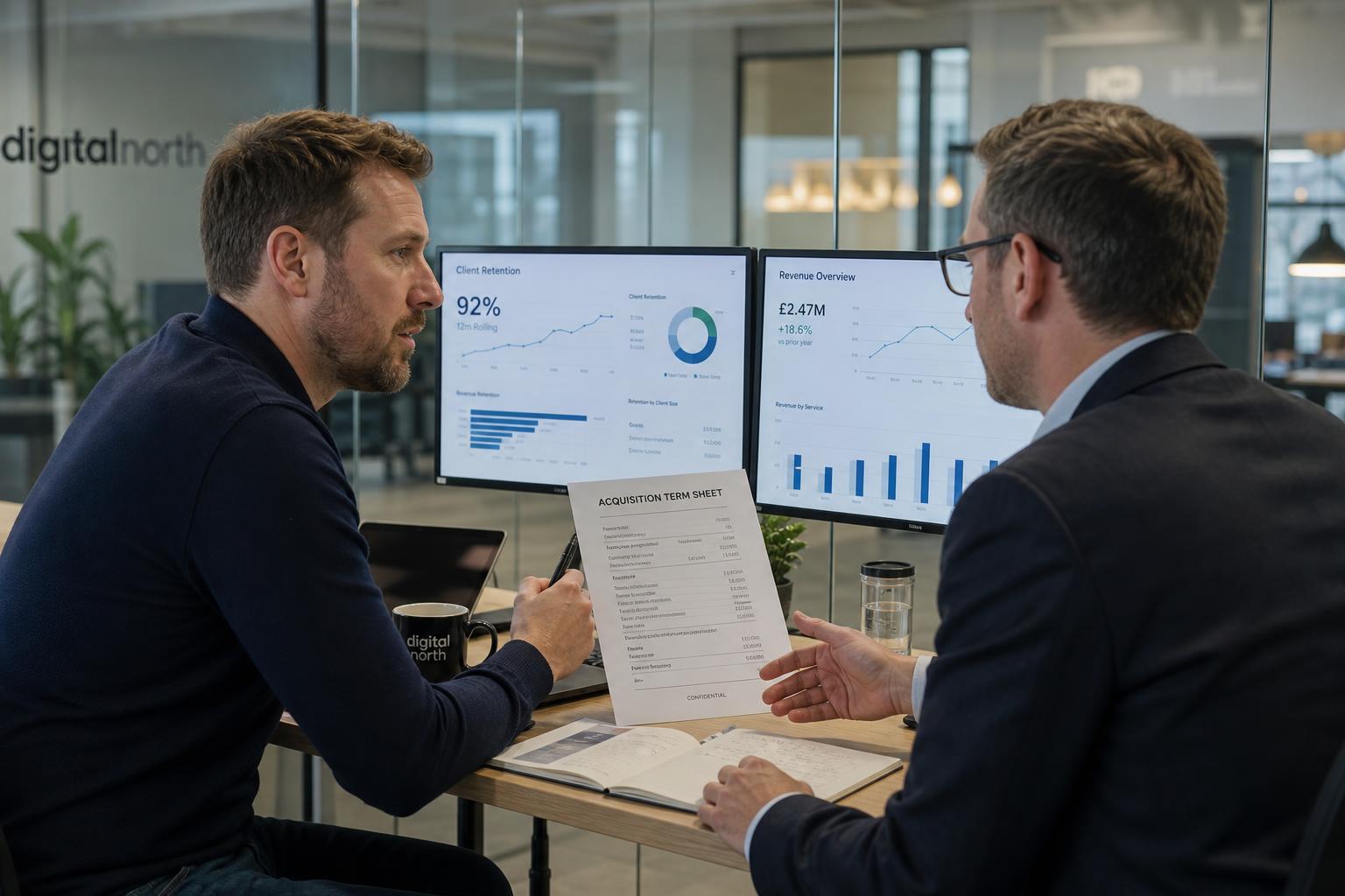 Creative Marketing Group — digital agency owner reviewing acquisition term sheet, UK
