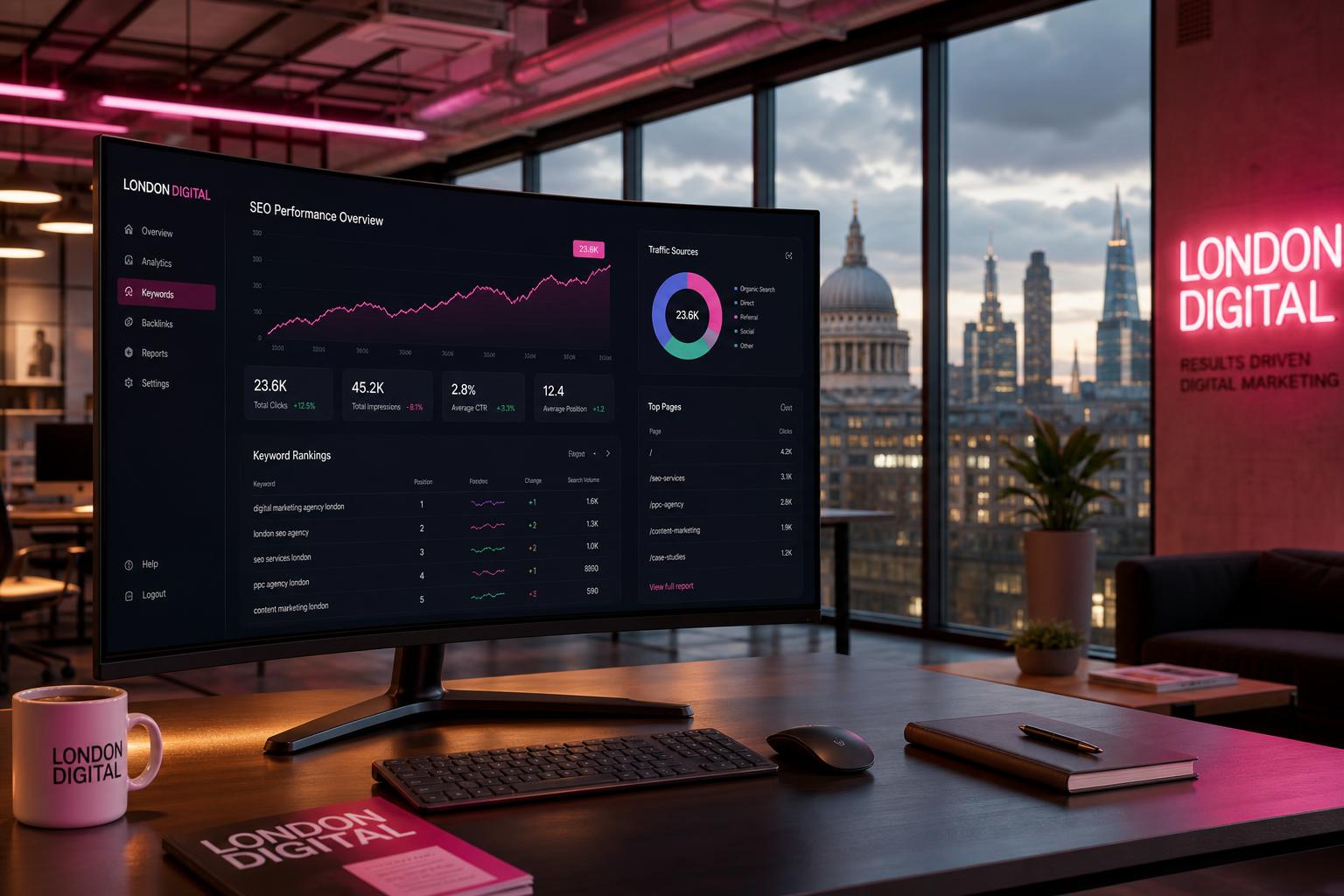 Creative Marketing Group SEO Optimisation — London agency office with analytics dashboards, UK