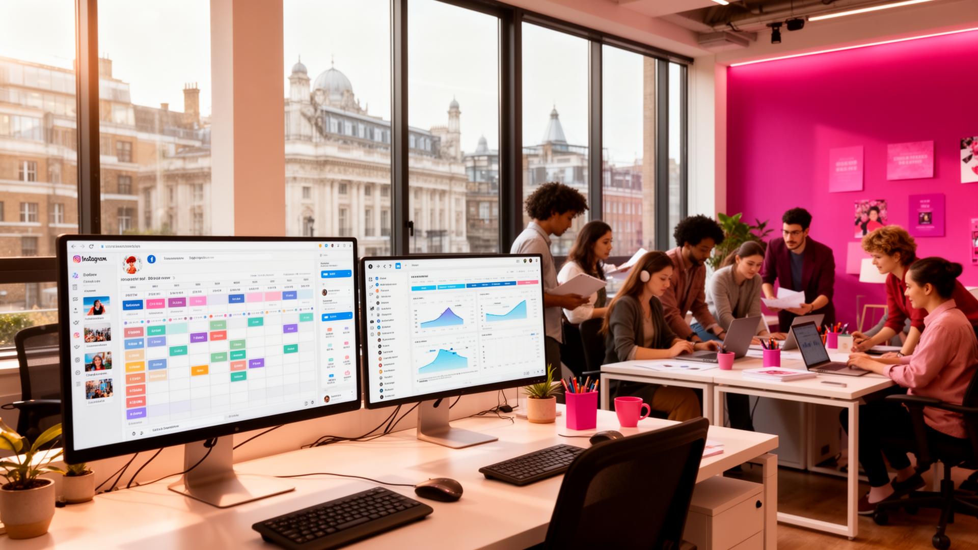 Creative Marketing Group Social Media Marketing — Agency team managing content strategy and platform analytics, UK