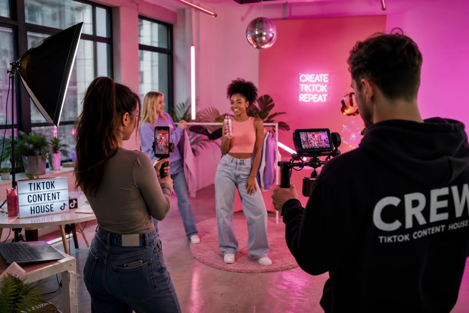 Creative Marketing Group TikTok Ads Management — Creative team filming short-form video content for advertising, UK studio