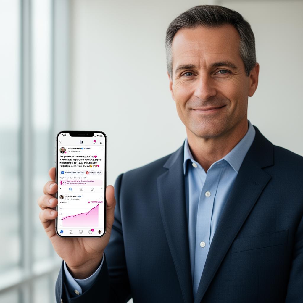 Executive holding a smartphone showing a high-engagement LinkedIn post and follower growth chart